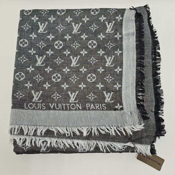 Louis Vuitton Silk/Wool Monogram Scarf Shawl Stole Black/Gray Made in Italy - Picture 16 of 16